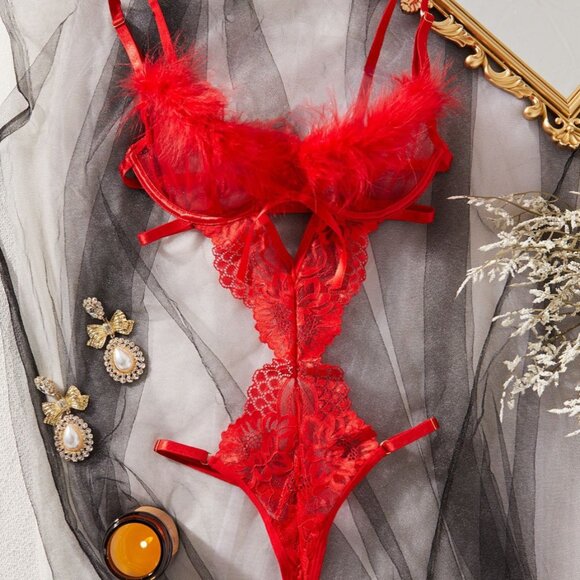 Feather Red Floral Longline Bra Set Women Lingerie Set Mesh Sexy Lingerie - Picture 2 of 10